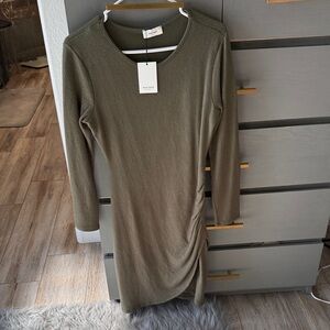 Chic Olive Long-Sleeve Ruched Knit Dress